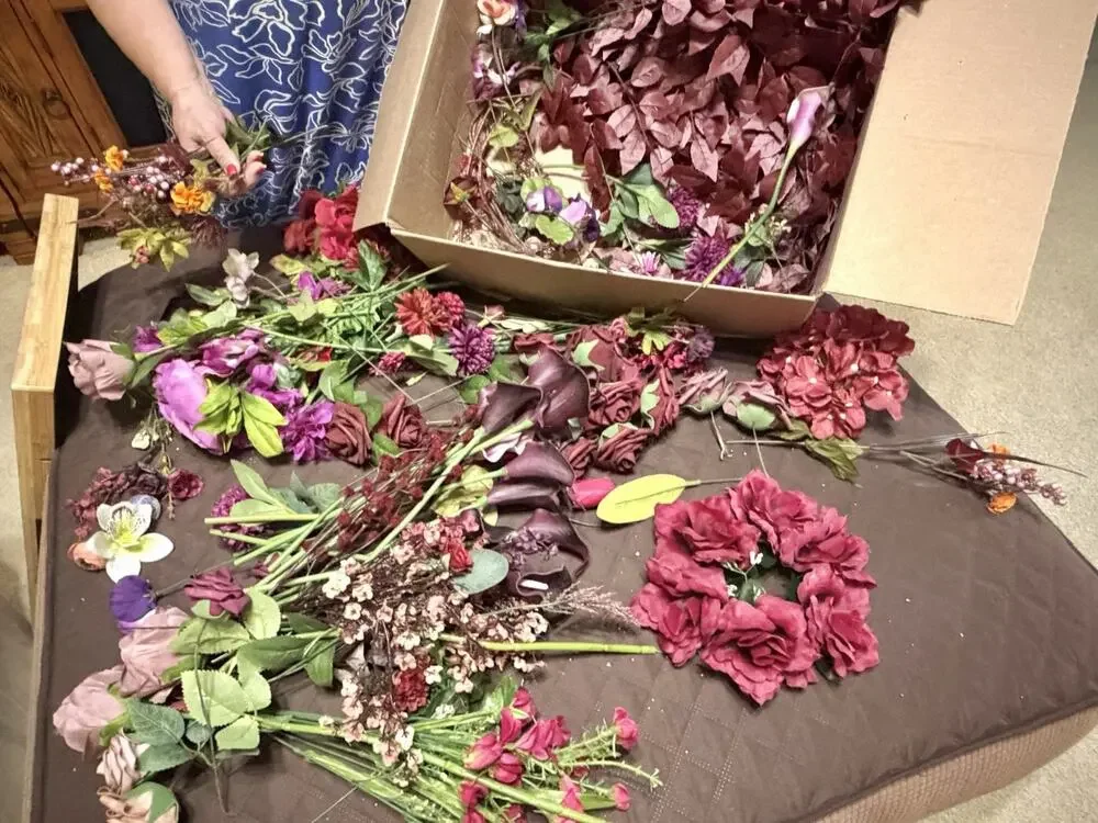 Large Lot / Box of Miscellaneous Artificial Silk Flowers - Burgundy Shades